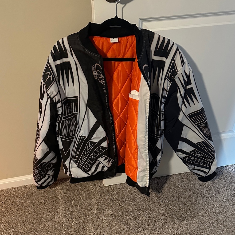 Black and White Geometric tribal Jacket with Orange Lining
